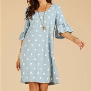 NWOT Suzanne Betro Dress White Dot Light Blue Bell 3/4 Sleeve Pullover A-Line